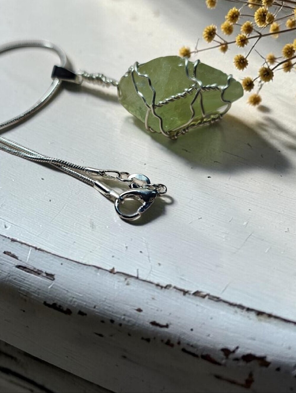 Green Citrine Crystal Pendant Necklace - Silver Chain